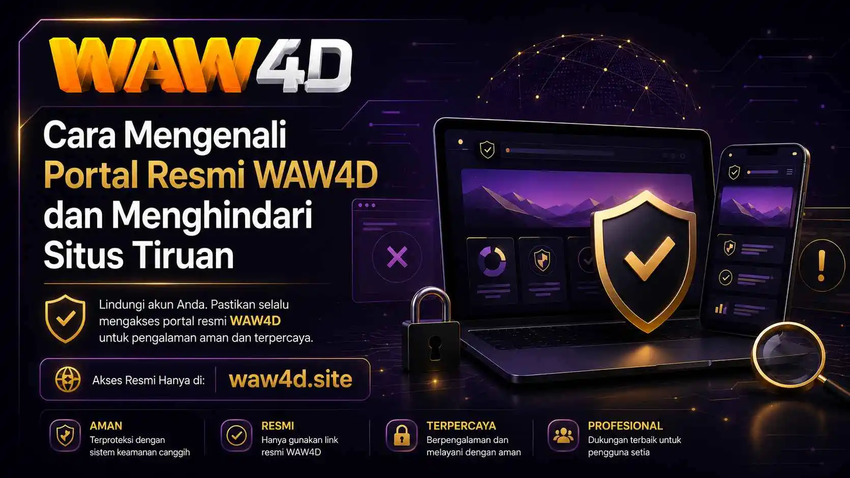 Ilustrasi laptop dan ponsel dengan pelindung keamanan untuk memeriksa portal resmi WAW4D