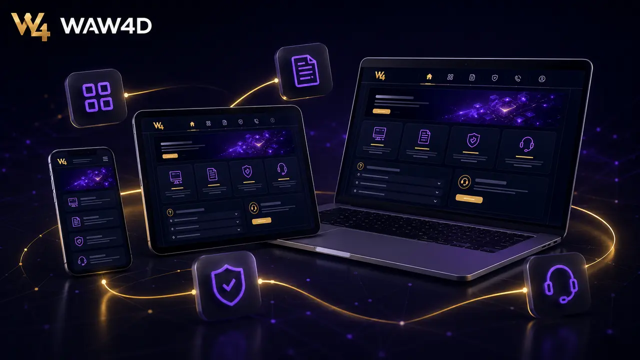 Tampilan responsif fitur Portal WAW4D pada ponsel, tablet, dan laptop