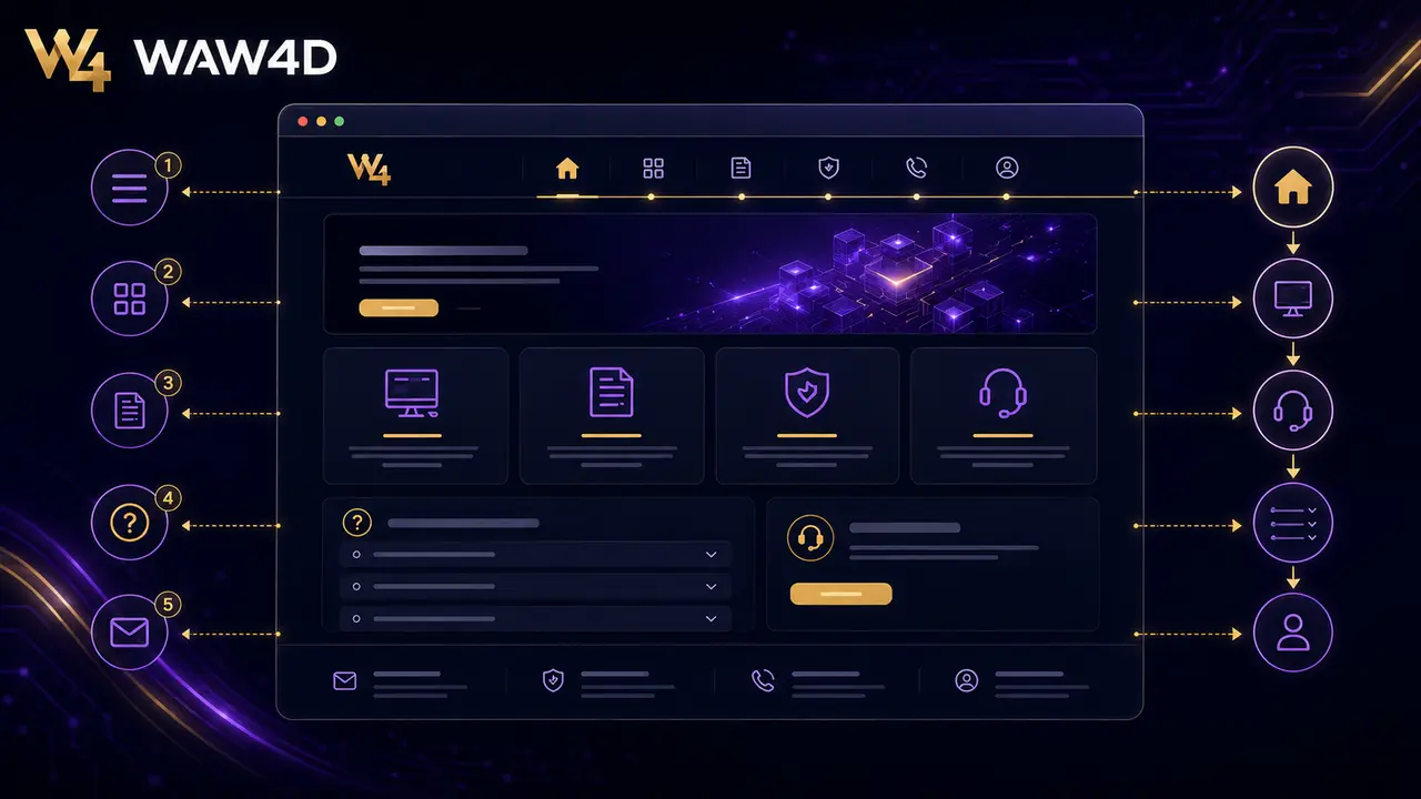 Diagram visual struktur menu Portal WAW4D dari navigasi hingga FAQ dan footer