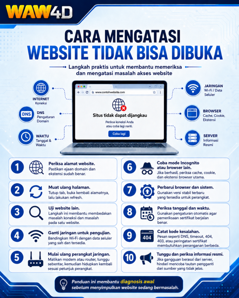 Cara mengatasi website tidak bisa dibuka dengan memeriksa koneksi, DNS, browser, jaringan, dan server