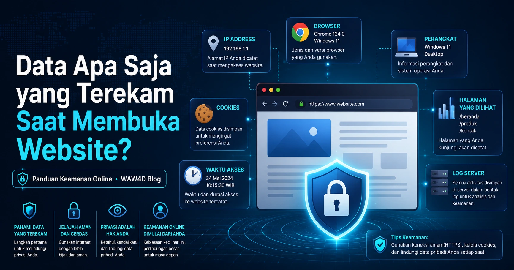 Ilustrasi data yang terekam saat membuka website seperti alamat IP, browser, perangkat, cookies, dan log aktivitas online
