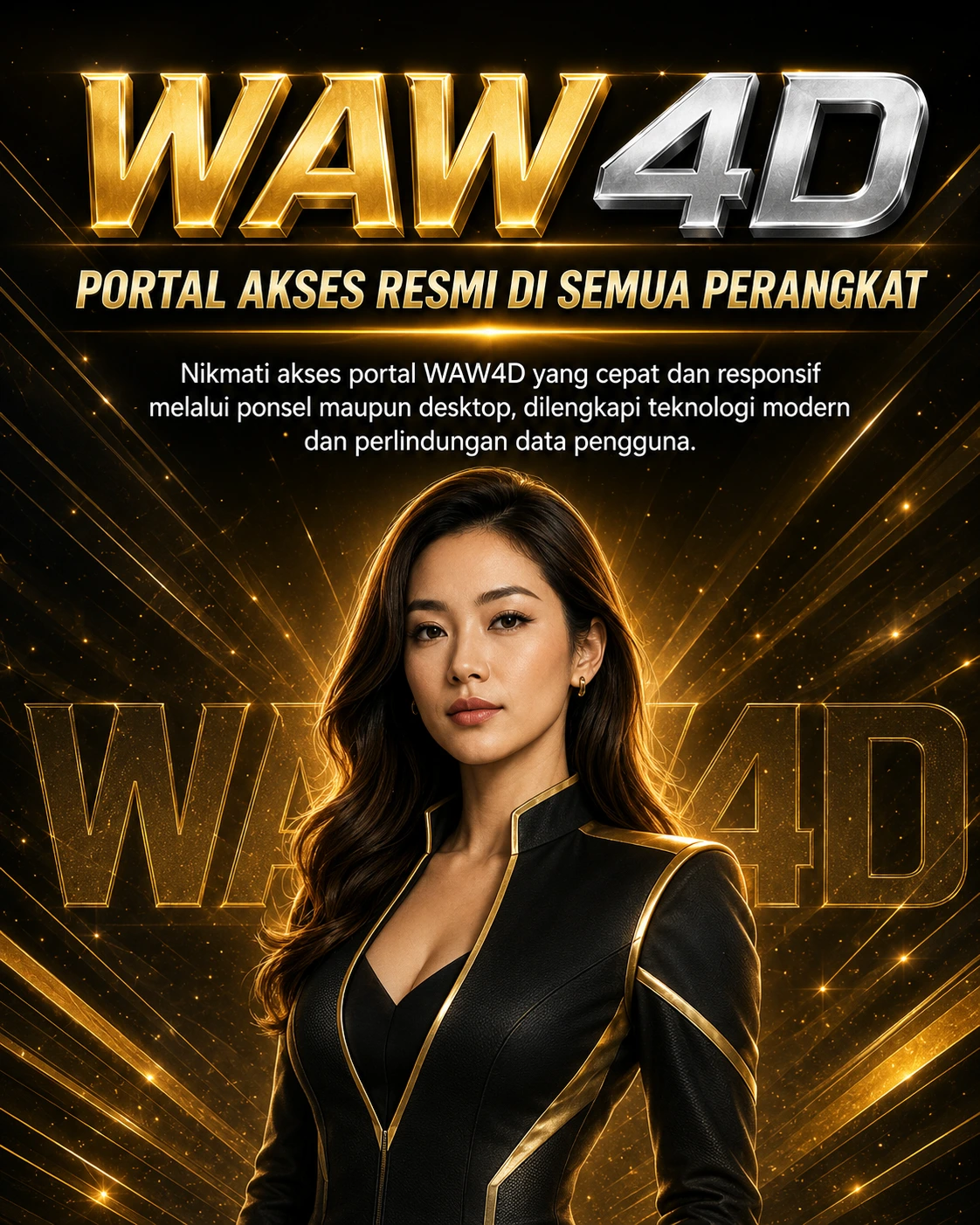 Poster WAW4D Portal Akses Resmi di Semua Perangkat dengan desain hitam dan emas